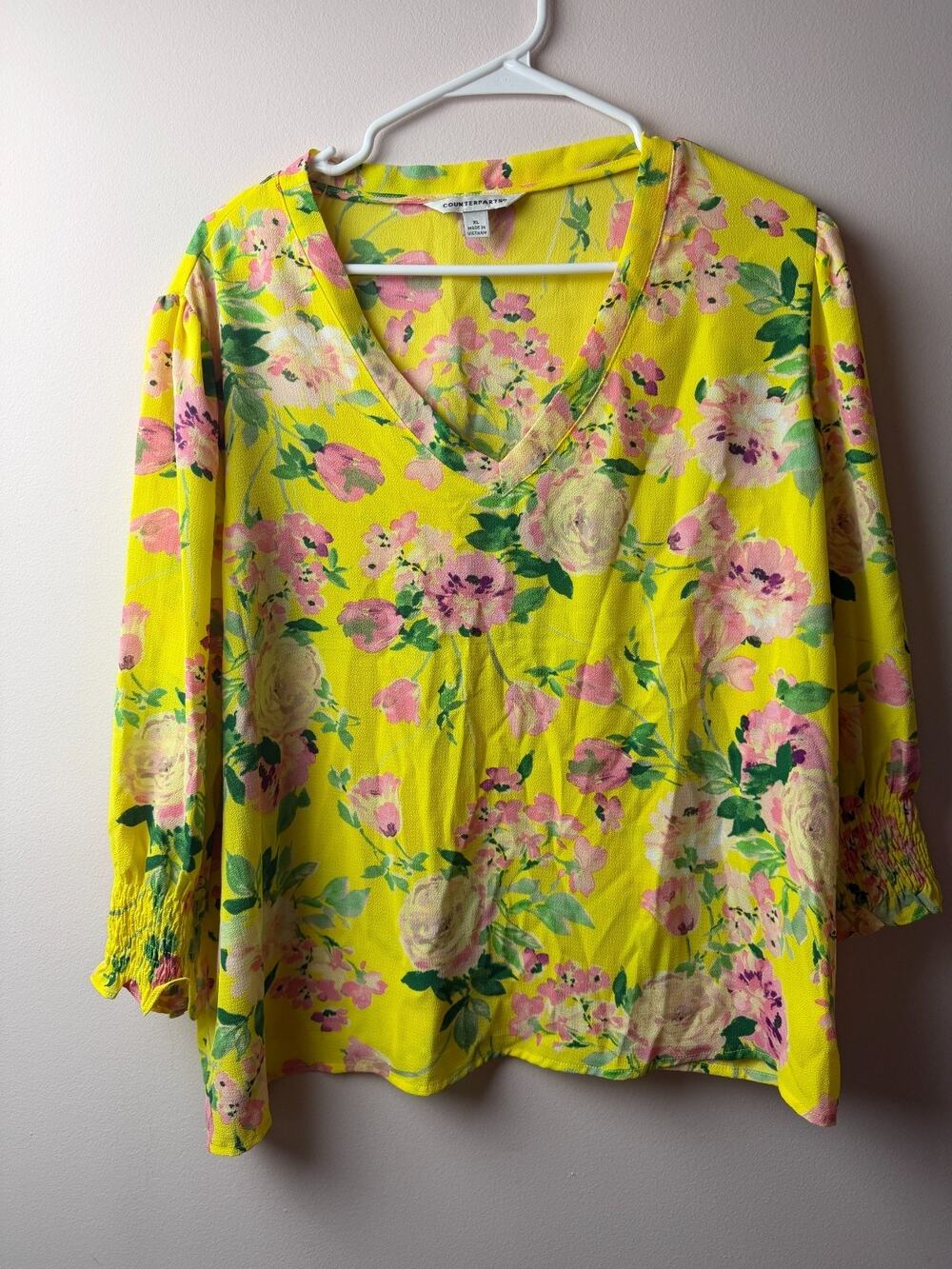 Counterparts Floral Print Blouse Yellow/Pink 3/4 Flutter Sleeve Women’s Size XL